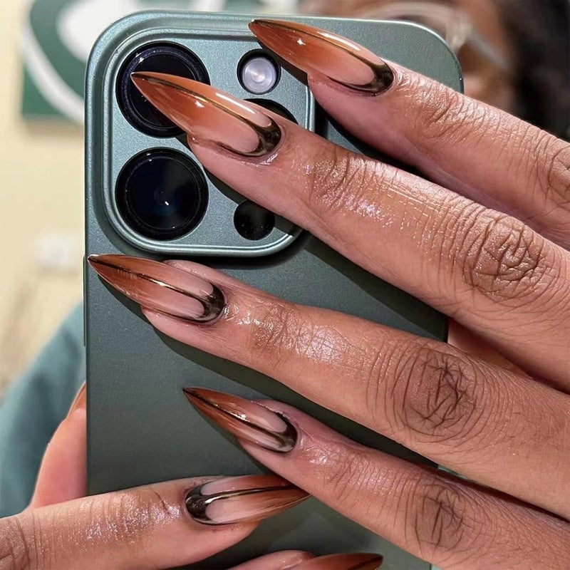 SINHOT Long Stiletto Press on Nails French Tip Almond Fake Nails Glossy Glue on Nails Brown Gradient Acrylic Nail Artificial Nail Black Line Stick on False Nail with Design 24 pcs - Image 1